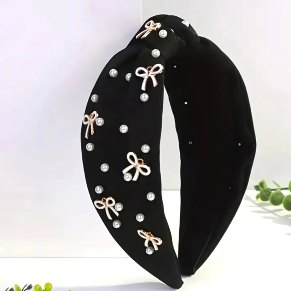 🌺Black Pearl Bow Knotted Headband Wide Headband Hair Piece